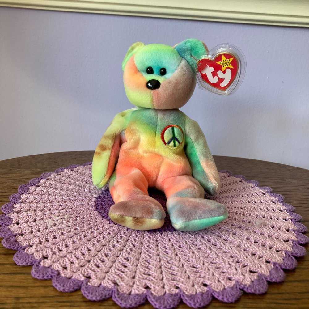 Peace teddy bear, Rare, unique 1996 Ty Beanie Babies tie dye millennial